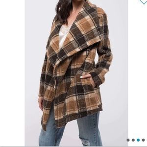 BLU PEPPER Brown & Tan Plaid Faux Fur Wide Collar Open Front Teddy Coat Size S